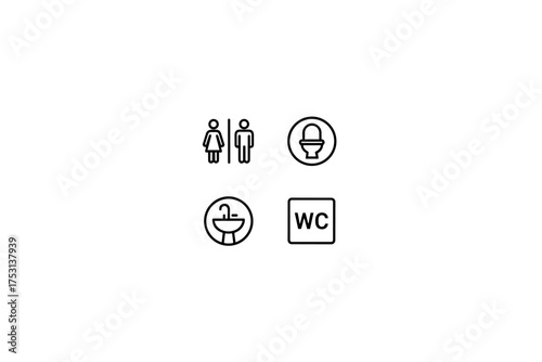 Toilet and restroom icons vector set, gender symbols for men and women, toilet bowl, washbasin, water closet WC signs, public bathroom directions illustration