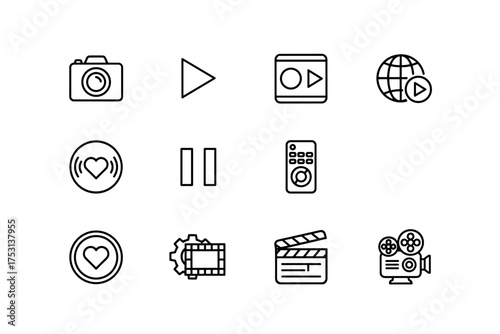 Video icon set with camera, play, pause, remote control, streaming, film clapperboard, love heart buttons, movie settings, and classic movie projector outline vector illustrations