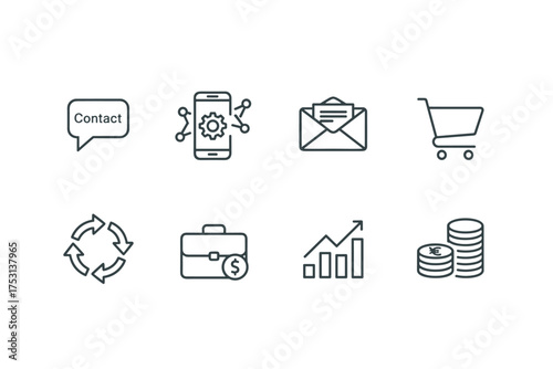 Business and technology web icons set including contact speech bubble, mobile settings, email envelope, shopping cart, process cycle, briefcase with dollar, growth chart, and yen coin stack