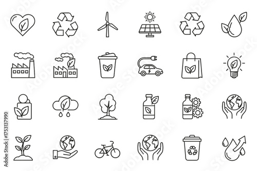 Set of thin line icons illustrating sustainability concepts, including recycling, renewable energy, eco-friendly industry, electric vehicles, green products, environmental protection, and climate care