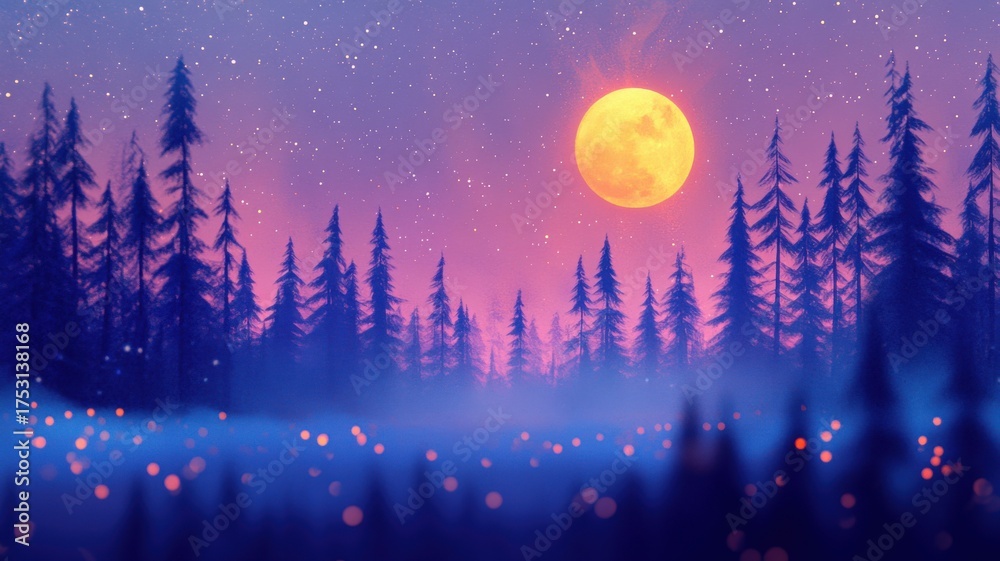 Fototapeta premium 3d watercolor night forest with indigo trees glowing beneath a softly blurred moon and misty brushstroke stars