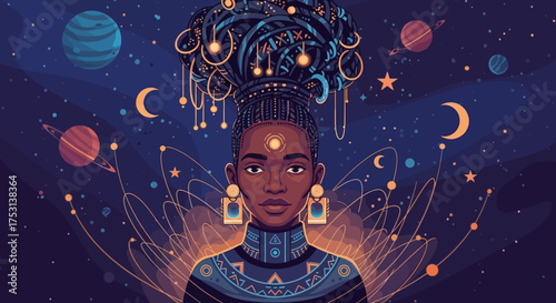 Celestial Woman with Cosmic Headdress and Ethereal Wings in Starry Night.