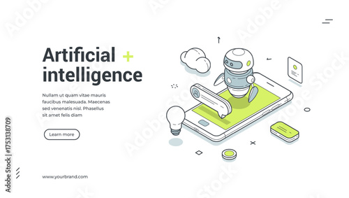 Artificial intelligence assistance smartphone app isometric web banner design template vector illustration. AI chatbot robotic automatization help communication digital technology virtual support