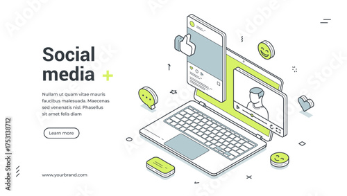 Social media digital network communication isometric web banner design template vector illustration. Internet messaging cyberspace community online blog vlog auditorium interaction technology