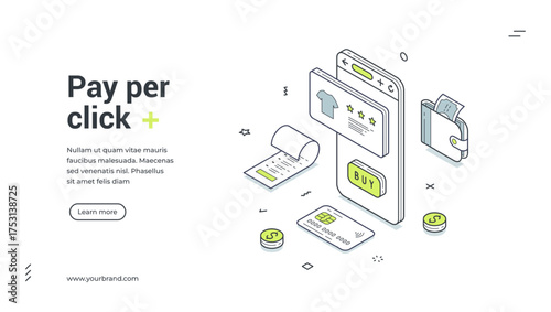 Pay per click online shopping banking promo isometric web banner design template vector illustration. Financial e money payment transaction digital technology purchase management business campaign