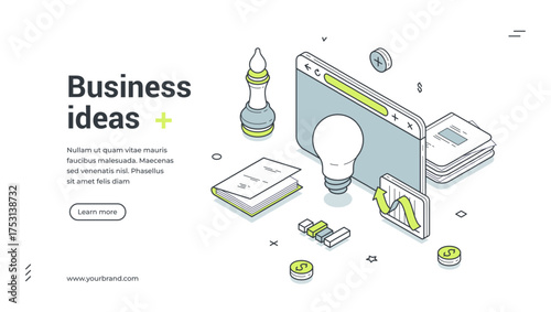 Business idea development analyzing isometric web banner design template vector illustration. Project management brainstorming creative innovation inspiration productivity efficiency strategy planning