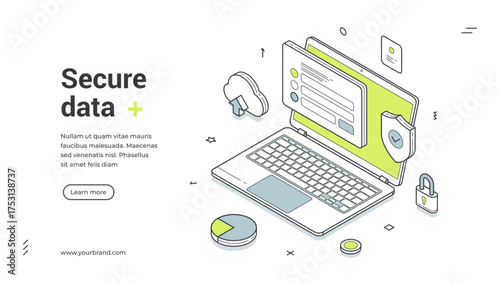 Secure data internet personal information protect isometric web banner design template vector illustration. Computer digital technology safety cyberspace privacy confidential software account access