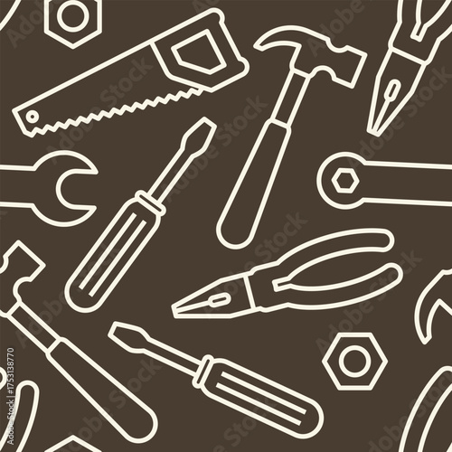 Tools seamless pattern. Hammer, saw, screwdriver, pliers and wrench.