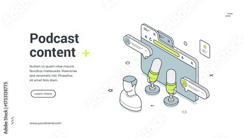 Podcast content creation audio show record isometric web banner design template vector illustration. Internet sound mic speaking entertainment communication auditorium interaction virtual streaming