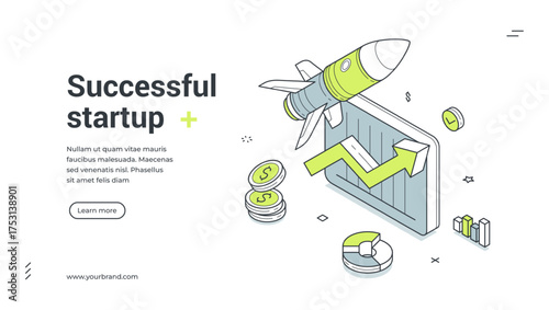 Successful startup business information analyzing isometric web banner design template vector illustration. Commercial growth strategy development innovation idea leadership productivity management