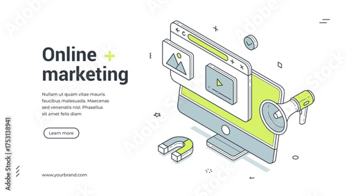 Online digital marketing internet advertising isometric web banner design template vector illustration. Cyberspace advertisement megaphone promo social media network announcement technology