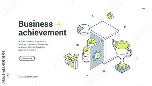 Business achievement profit success productivity isometric web banner design template vector illustration. Company financial successful efficiency wealth competition cup analyzing control management
