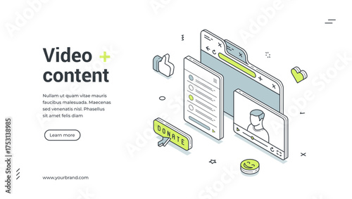 Video content social media network blog vlog isometric web banner design template vector illustration. Multimedia digital creative influencer auditorium interaction follow subscribe internet community
