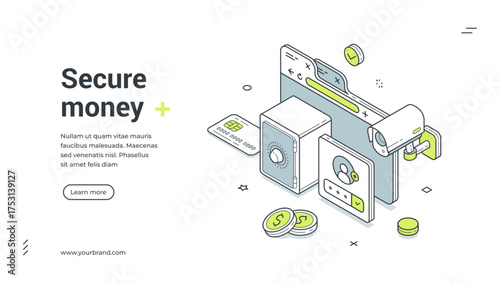 Money secure banking account protection isometric web banner design template vector illustration. Financial bank security user confidential information safety access authentication identification