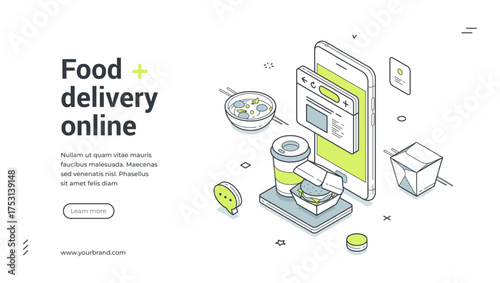 Food delivery online service menu mobile app isometric web banner design template vector illustration. Meal dish cafe restaurant shipping cuisine kitchen gourmet commercial digital technology