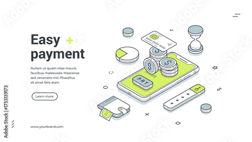 Easy payment digital wallet online banking isometric web banner design template vector illustration. Financial bank mobile application shopping paying money transfer commercial transaction