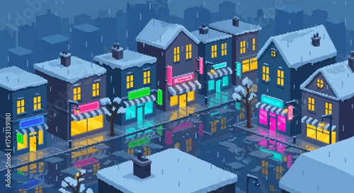 Charming pixel art town with snow covered roofs and vibrant shop lights.