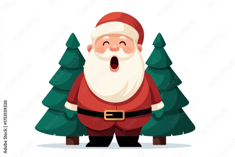 Fototapeta premium Cheerful Santa Claus standing among evergreen trees, spreading holiday joy.