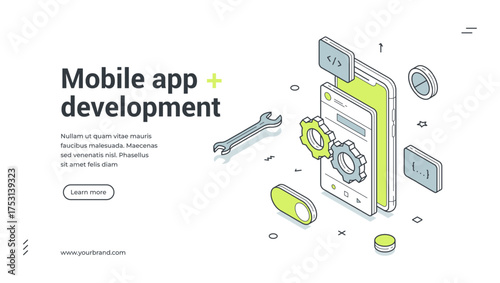 Mobile app development software programming isometric web banner design template vector illustration. Smartphone application engineering information technology platform interface profile construction