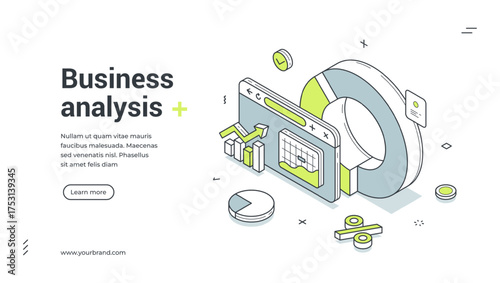 Business analysis productivity efficiency control isometric web banner design template vector illustration. Commercial analyzing statistic chart diagram financial management research optimization