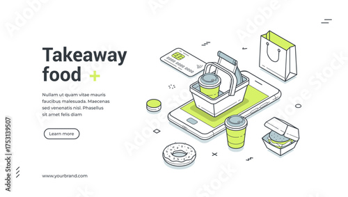 Takeaway food delivery service mobile app isometric web banner design template vector illustration. Meal dish cafe restaurant menu digital e business commercial shipping smartphone application