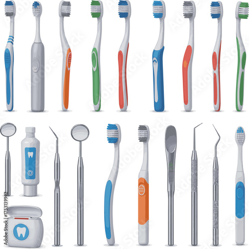 Create a kinds of deferent 3d render of toothbrush with dental tools concept..vector art with white background