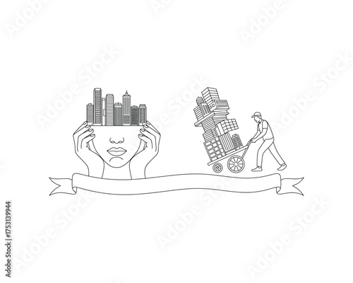 Person pushing cart of buildings head with city abstract