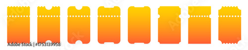 Set of yellow orange gradient ticket mockups with ruffle edges and shadows. Small vertical empty templates. Concert, movie or theater ticket. Boarding blank, lottery, sale coupon