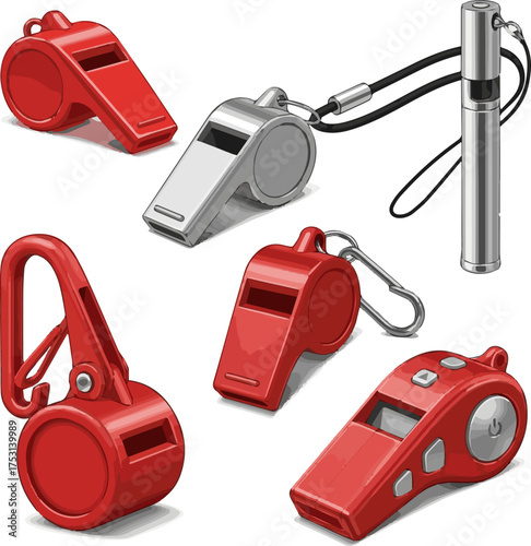 Create a kinds of deferent 3d render of red whistle sport tools. vector art with white background.