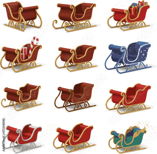 Create a kinds of deferent 3d render santa sleigh vector art with white background.