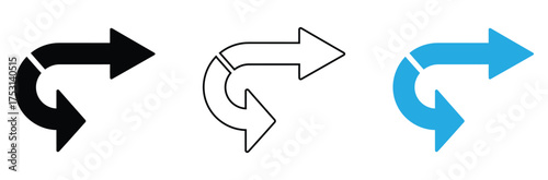 Simple arrow icon set showing direction change and flow,Illustration set of downward pointing curved arrows 