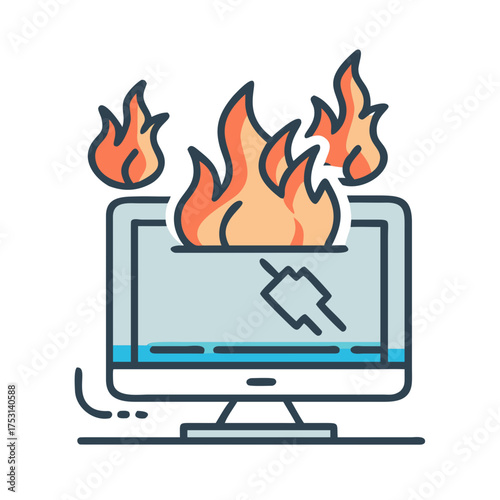 Computer on fire with flames, representing digital overheating and stress, 
