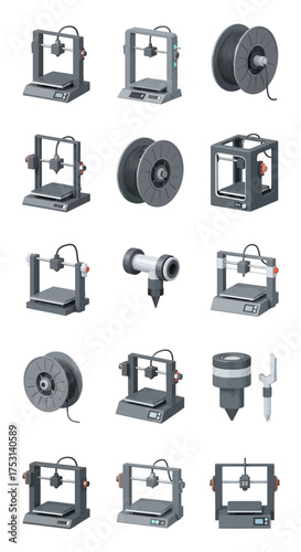 Collection of 3D Printers and Components for Additive Manufacturing.