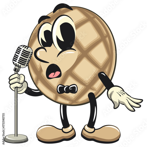 cute pineapple bun or melon bread bun mascot cartoon vector illustration isolated on front of the mic become a stand up comedian, work of hand drawn