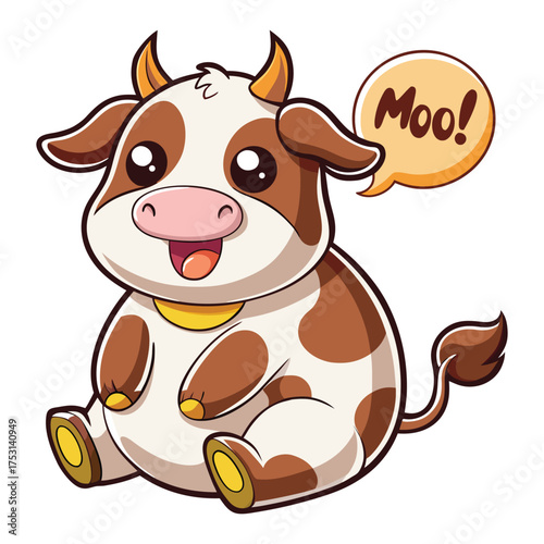 A Cartoonish Brown and White Cow Sitting Down with a Moo Speech Bubble, Full of Joy and Happiness for Children