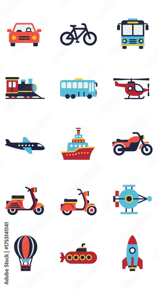 Fototapeta premium Collection of Colorful Transportation Icons Representing Various Modes of Travel.