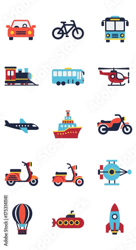 Collection of Colorful Transportation Icons Representing Various Modes of Travel.