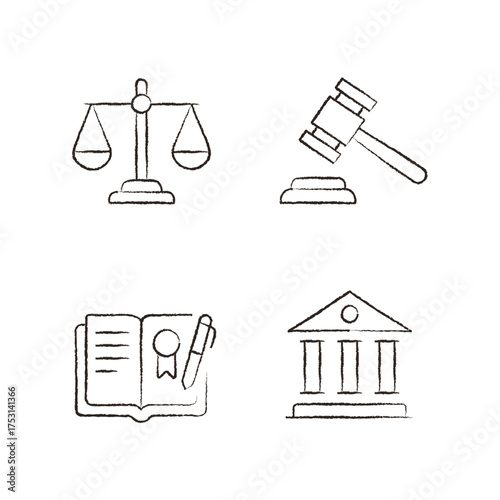 Minimalist Legal Services Icons Set — Scales, Gavel, Law Book, Courthouse. Black Line Art on White Background