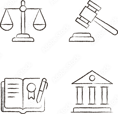 Minimalist Legal Services Icons Set — Scales, Gavel, Law Book, Courthouse. Black Line Art on White Background