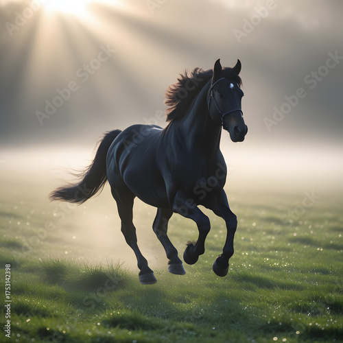 A majestic black horse gallops and leaps across a misty field at dawn,  The dew-covered grass sparkles gently as the first golden rays of sunlight filter through the drifting fog