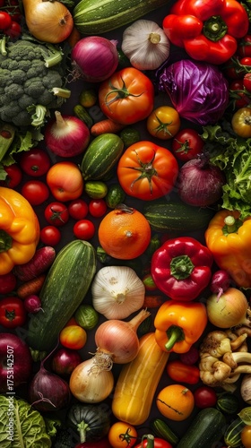 A variety of fresh vegetables and fruits on a dark background: for materials about healthy eating, cooking, farmers' markets.