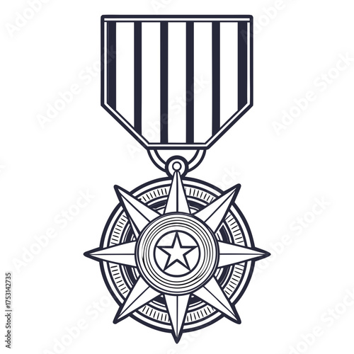 Stylized illustration of a decorated military medal with a star design and a striped ribbon, symbolizing honor, bravery, and achievement in service or recognition