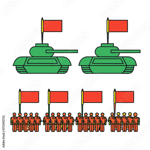 Vibrant vector icons illustrating military tanks and uniformed figures holding red flags, symbolizing themes of national power, public parades, social protests, and collective action