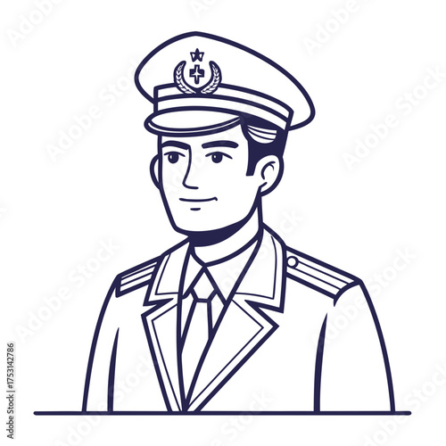 Clean vector illustration of a distinguished uniformed professional officer, showcasing a confident and authoritative figure in formal attire with a cap, perfect for representing service and respect