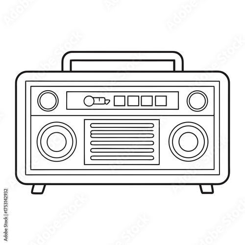 Monochrome line art icon of a classic 80s boombox. A simple vector outline of a retro portable stereo for music and nostalgia themes