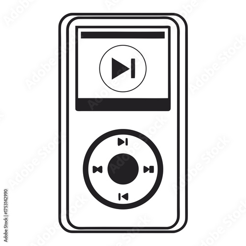 Portable digital music player with play and skip buttons and control wheel illustration