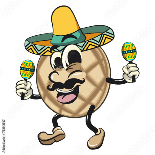 cute pineapple bun or melon bread bun mascot cartoon vector illustration isolated have mustache and wears a sombrero and plays with maracas, work of hand drawn