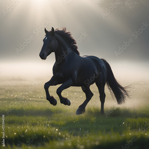 A majestic black horse gallops and leaps across a misty field at dawn,  The dew-covered grass sparkles gently as the first golden rays of sunlight filter through the drifting fog