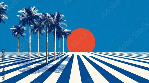 abstract summer illustration with blue and white stripes, palms and orange sun