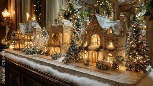 Christmas window display showcasing seasonal decorations with golden and silver ornaments, festive lights, and evergreen garlands, creating a cheerful retail ambiance for holiday shopping